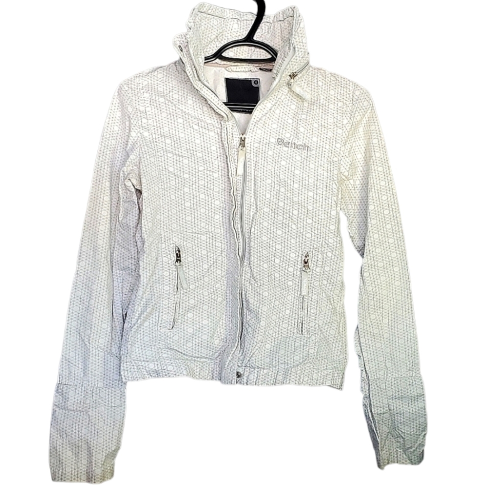 Bench Lightweight Cotton Windbreaker w/ Hidden Hood. White w/ Grey Geo Pattern.